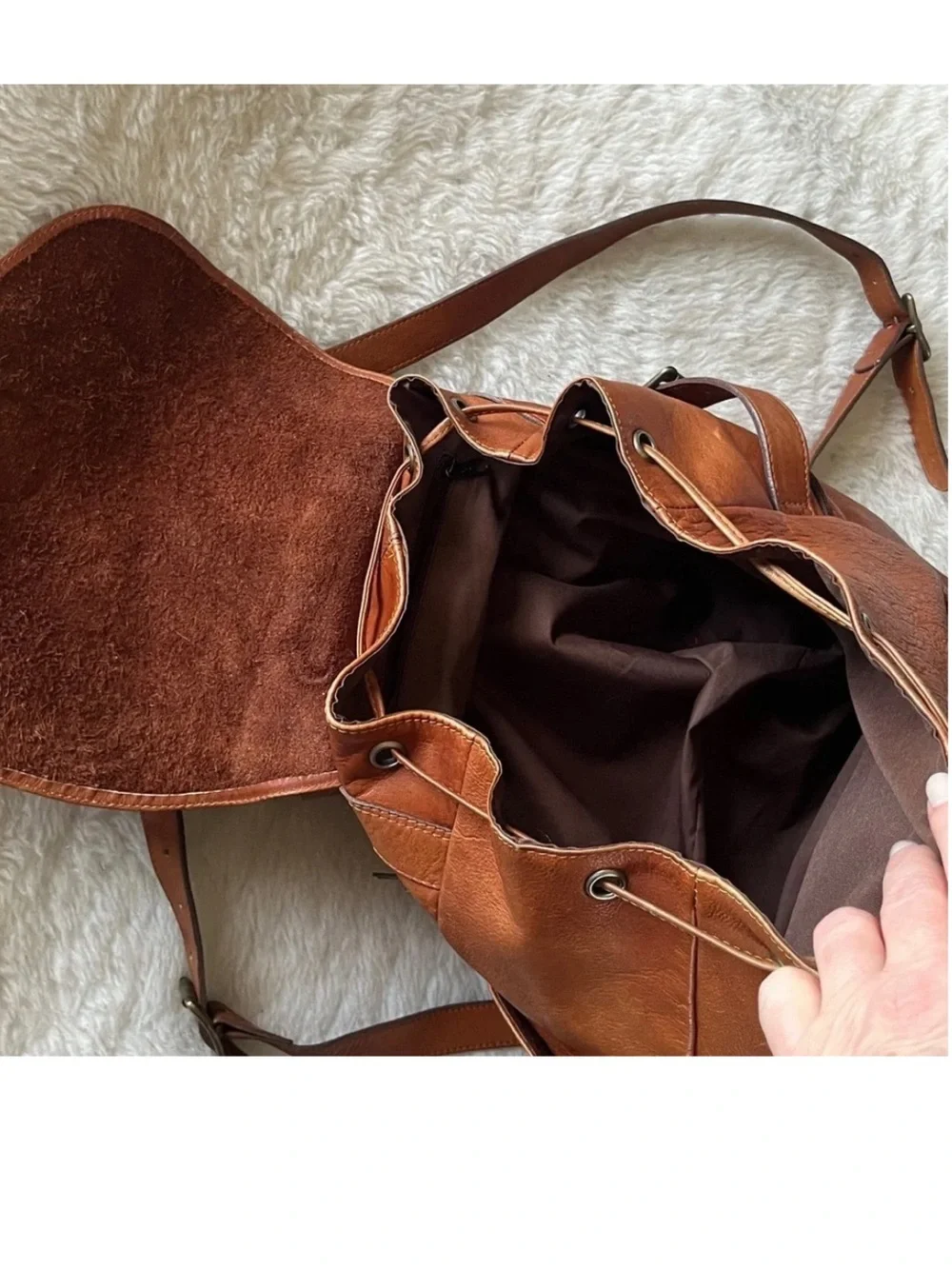 Cognac Brown Leather Backpack with Flap front & drawstring top